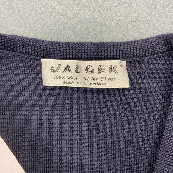 Jaeger Women's 100% Wool Cardigan Blue/Navy, Double Button Front Wrap Style 32in - Picture 2 of 8